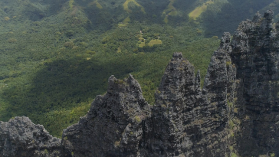Nuku Hiva, aerial view of the valley Hatiheu and the rocky crest, 4K UHD