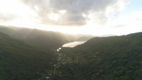 Nuku Hiva, aerial view of the valley Taipivai and bay, 4K UHD