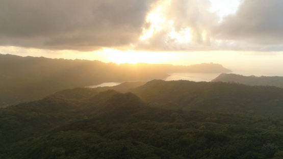 Nuku Hiva, aerial view of the valley Taipivai at sunrise, 4K UHD