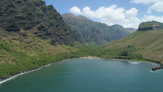 Nuku Hiva, aerial view of the valley Hakaui and bay, 4K UHD