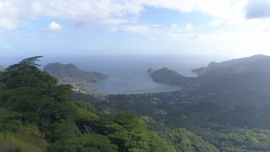 Nuku Hiva, aerial view of the bay Taiohae and mount Muake, 4K UHD
