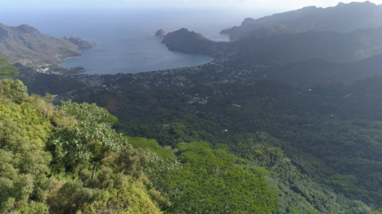Nuku Hiva, aerial view of the bay Taiohae and mount Muake, 4K UHD