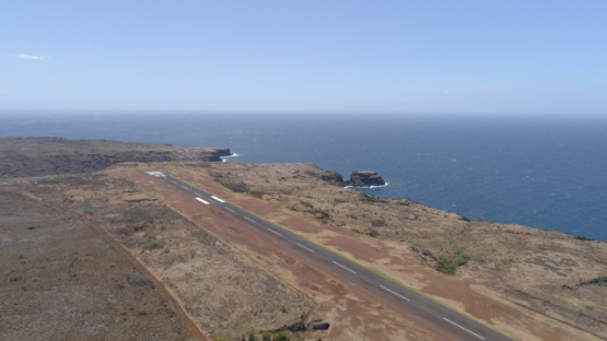 Nuku Hiva, aerial view of the desert land and airport, 4K UHD