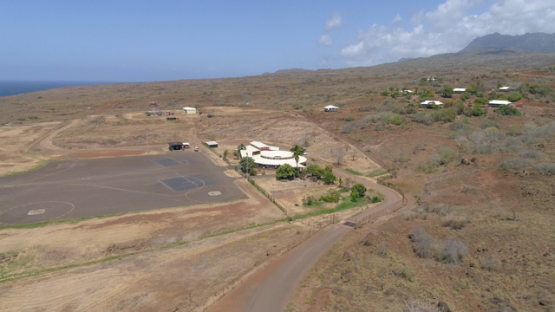 Nuku Hiva, aerial view of the desert land and airport, 4K UHD