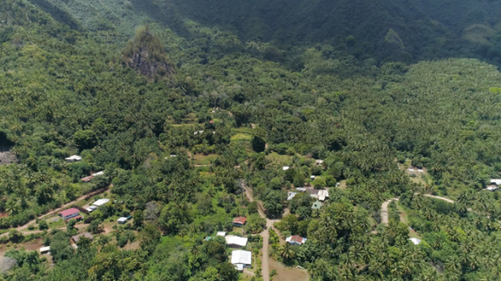 Hiva Oa, aerial view of Iipona site and tiki, village of Puamau, 4K UHD