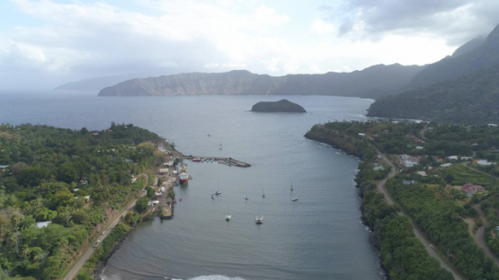 Hiva Oa, aerial view of the marina and bay of Atuona, 4K UHD