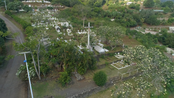 Hiva Oa, aerial view of the cimetery of Atuona, Jacques Brel s grave, 4K UHD