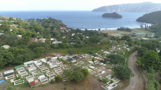 Hiva Oa, aerial view of the cimetery of Atuona, 4K UHD