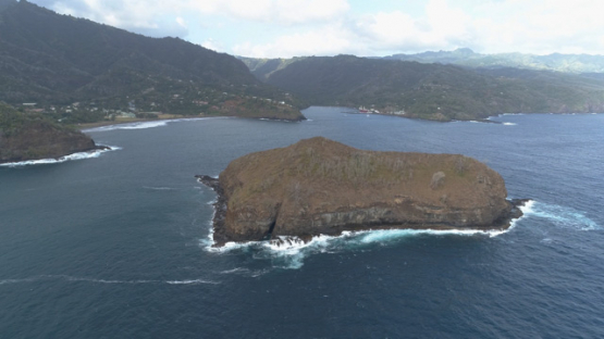 Hiva Oa, aerial view of Rock Hanakee in the bay of Atuona, 4K UHD