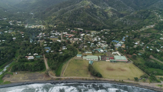 Hiva Oa, aerial view of the village of Atuona, 4K UHD