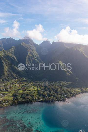 Tahiti, aerial view of Teahupoo at sunrise