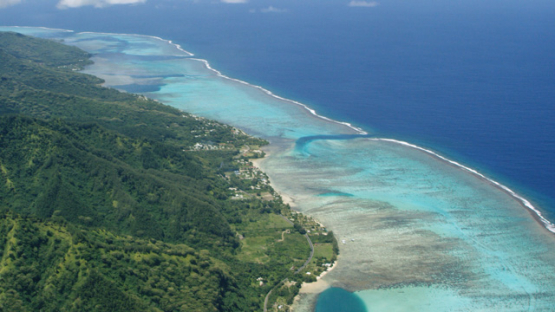 Aerial view of Moorea, west coast and barrier reef, 4K UHD