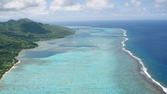 Aerial view of Moorea, west coast and barrier reef, 4K UHD