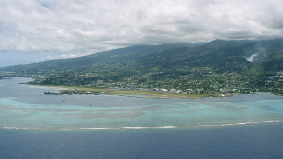 Aerial view of airport of Faaa, lagoon of Tahiti, 4K UHD
