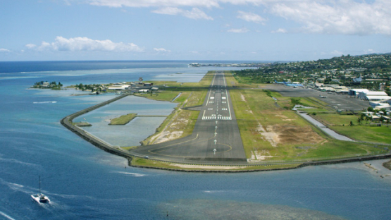 Aerial view of airport of Faaa and landing, Tahiti, 4K UHD