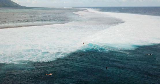 Tahiti 4K drone, aerial view of a surfer turning on the Teahupoo wave