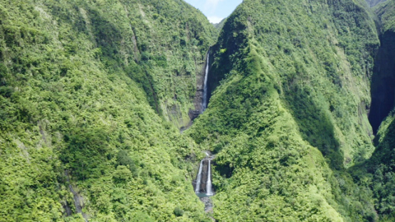 Tahiti, Hitiaa valley, aerial view by drone of the double waterfall Fara Ura, 2K7