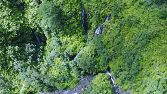 Aerial drone view of Faraura valley and waterfalls in the jungle, 2K7