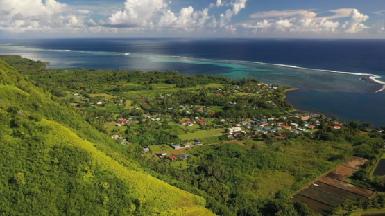 Peninsula of Tahiti, aerial view by drone of village Teahupoo and the oceanic coast
