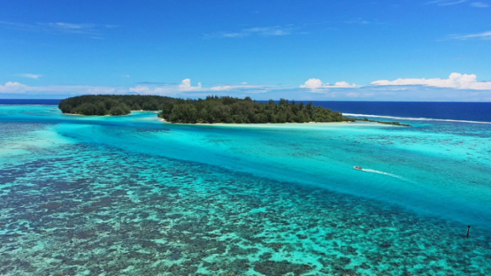 Aerial drone view of islets in the lagoon of Moorea