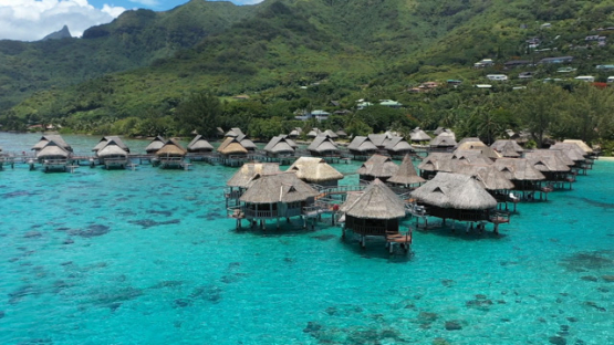 Aerial drone view of luxury hotel in the lagoon of Moorea