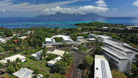 Tahiti, aerial drone view of university, Moorea in the background