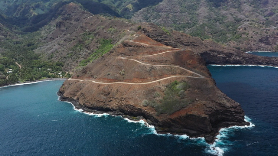Hiva Oa, aerial drone view of the coast line of Puamau