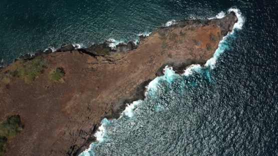 Hiva Oa, aerial top down drone view of the coast line of Puamau