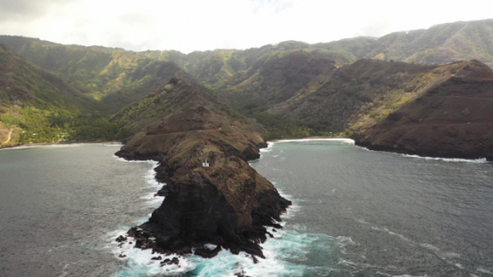 Hiva Oa, aerial drone view of the coast line of Puamau