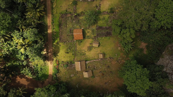 Hiva Oa, aerial top down drone view of the archeological site of Puamau