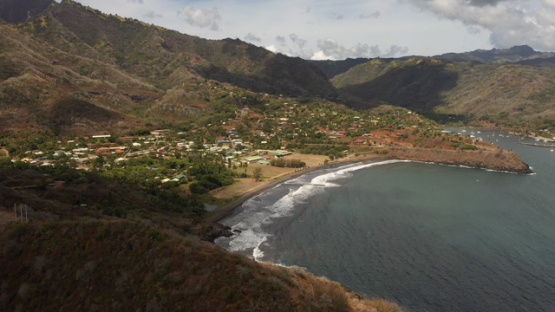 Hiva Oa, aerial drone view of the bay of Atuona