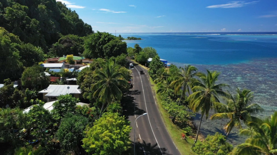 Tahiti, aerial drone view of the coast line and Paea road