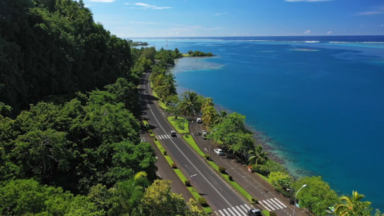 Tahiti, aerial drone view of the coast line and Paea road