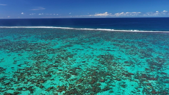 Tahiti, aerial drone view of the barrier reef of Paea, lagoon and ocean