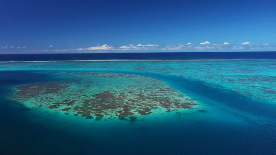 Tahiti, aerial drone view of the barrier reef of Paea, lagoon and ocean