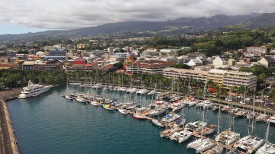 Tahiti Aerial drone view, harbour and town of Papeete