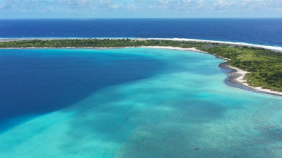Atoll of Anuanuranga, aerial view by drone of the lagoon, Tuamotu archipelago, 4K UHD