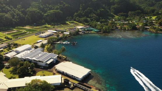 Tahiti, aerial view by drone of fish farming in the lagoon of Taravao