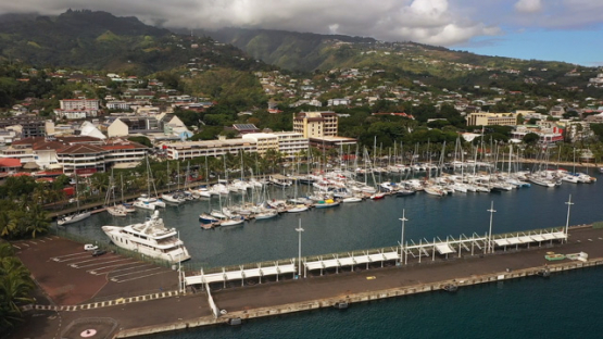 Tahiti Aerial drone view, harbour and town center of Papeete