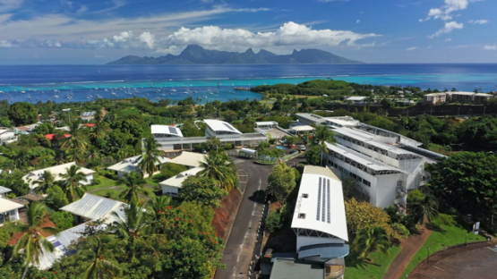Tahiti, aerial drone view of university, Moorea in the background