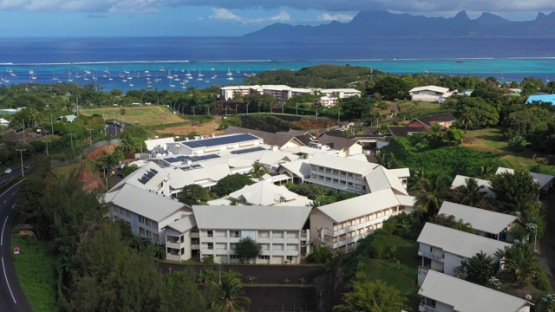 Tahiti, aerial view by drone of hotel university of Punaauia