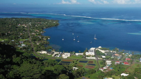 Tahiti, aerial view by drone of fish farming in the lagoon of Taravao, 4K UHD