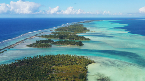 Tahaa, aerial view of the lagoon and barrier reef, 4K UHD
