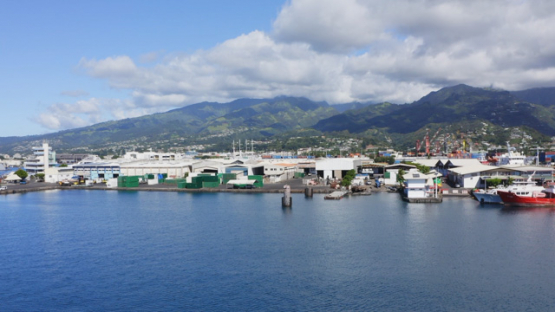 Aerial view of the harbour Papeete and cargo ship, Tahiti