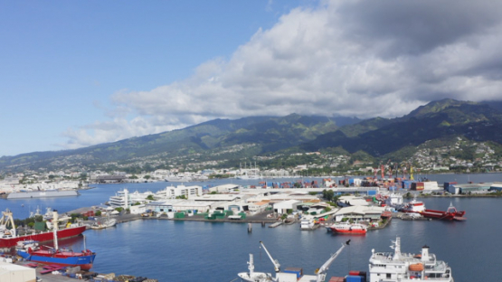 Aerial view of the harbour Papeete and cargo ships, Tahiti