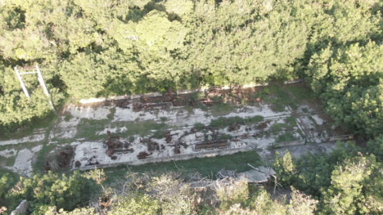 Aerial drone view of the island Makatea, phosphate mill ruins, 2K7