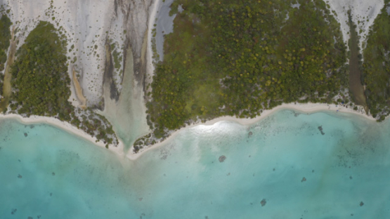 Rangiroa, aerial top down view of islet and lagoon, 4K UHD