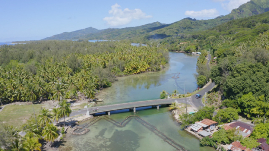 Huahine, aerial view by drone of the traditional stone fish traps of Maeva lake, 4K UHD