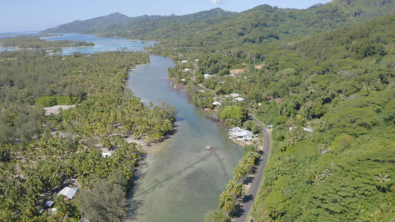 Huahine, aerial view by drone of the river of Maeva village and its traditional stone fish traps, 4K UHD