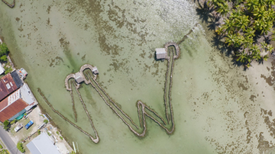 Huahine, aerial top down view by drone of the traditional stone fish traps of Maeva lake, 4K UHD